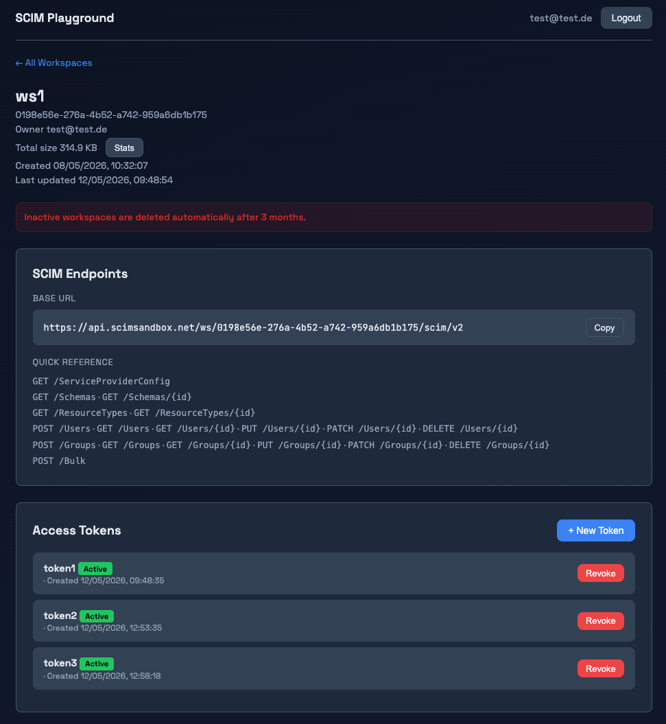 Workspace detail page showing the SCIM base URL, access tokens, and sample data generation actions.