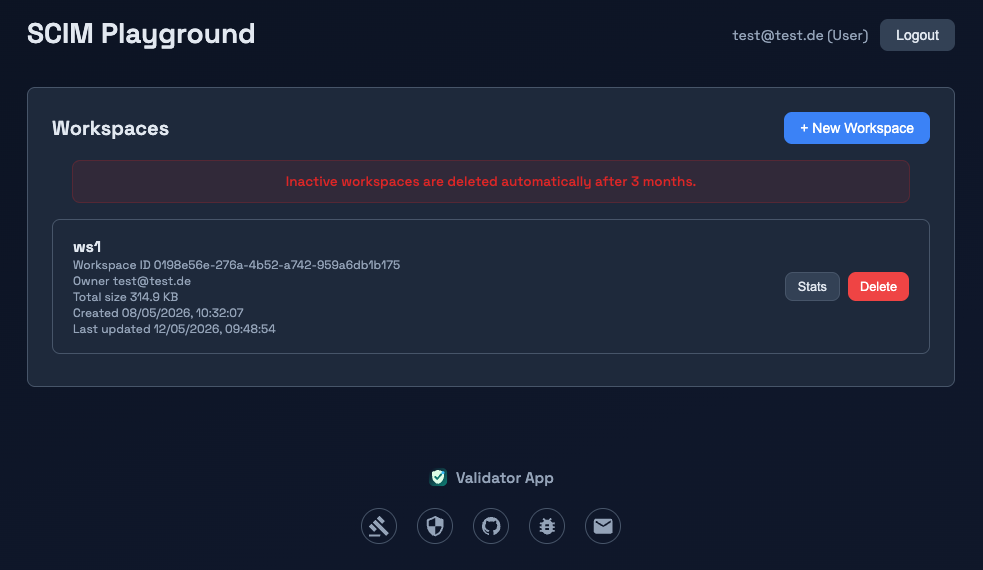 Workspace list in the SCIM Playground with a new workspace button and an example workspace card.